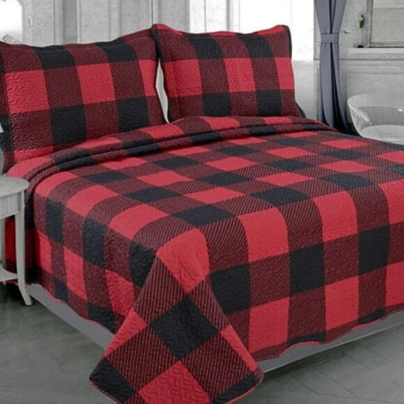 New Red & Black Buffalo Plaid Reversible Quilt Set • KING - Picture 1 of 2